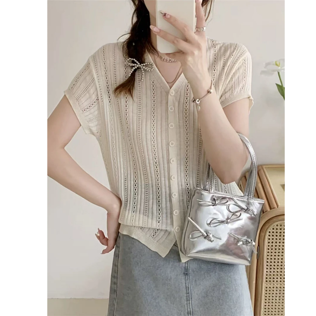 夏季新款镂空纯色百搭宽松针织衫短袖上衣女1002