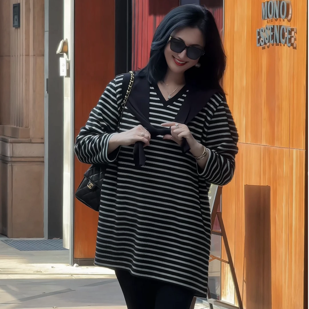 【娜姐秋冬披肩条纹款8114】2025年巴瑟大码女装宽松显瘦长袖上衣
