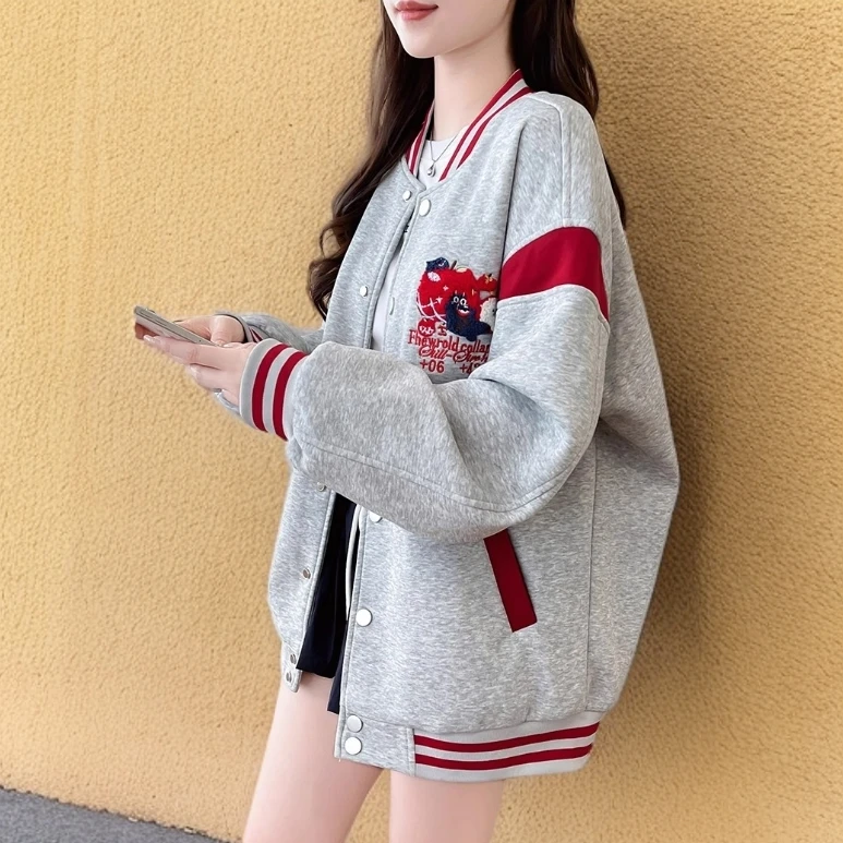青少年学生外套女2025春秋新款宽松小个子拼色美式刺绣棒球服夹克