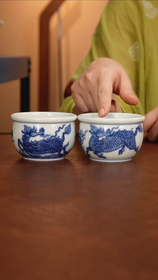 景德镇瓷器，青花瓷手绘茶具~水火麒麟
