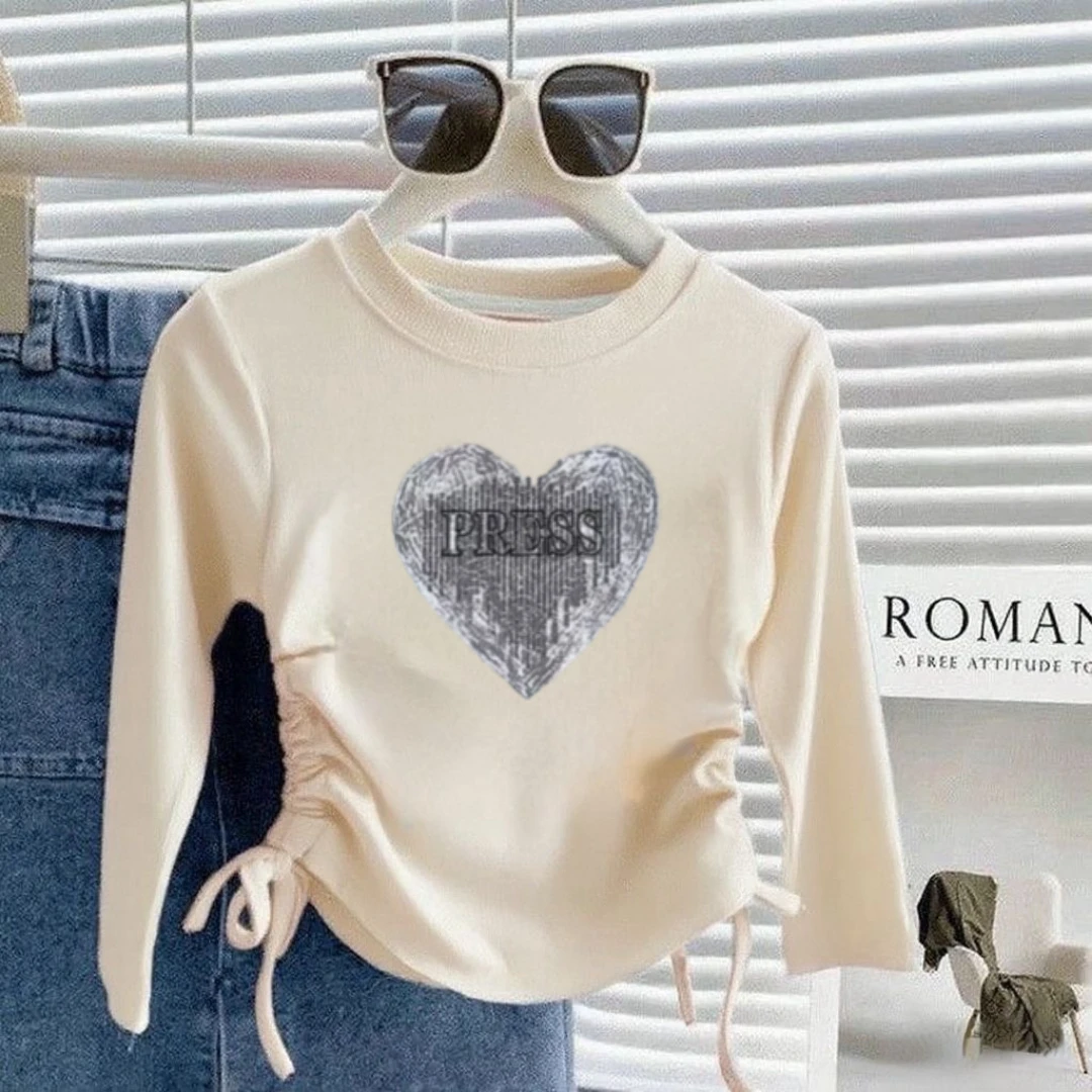 女童纯棉长袖T恤收腰抽绳褶皱早秋童装学生中大童休闲百搭上衣ins