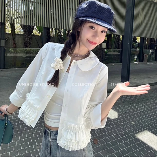 miu系珍妮奶乖~新款木耳边娃娃领衬衫女夏季短款七分袖白色上衣