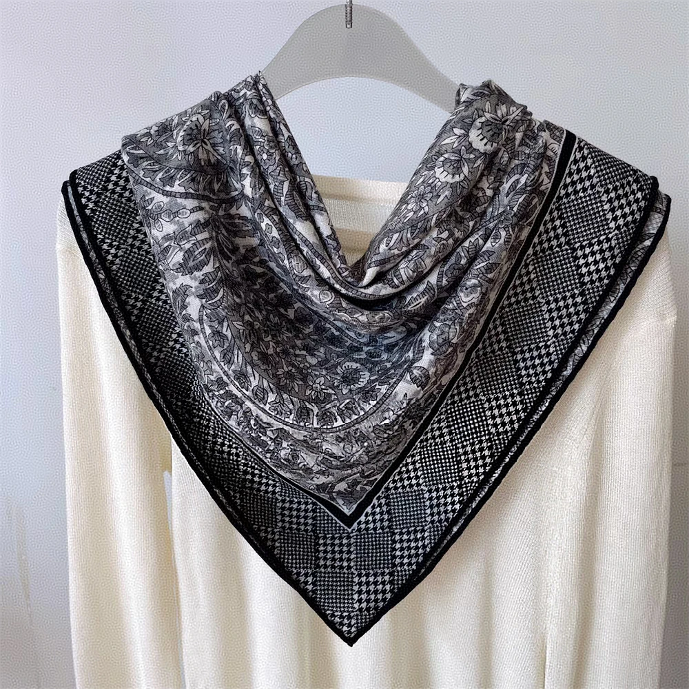 沐芽【腰果千鸟格】90CM丝毛双面异色方巾 气质轻奢高档印花围巾