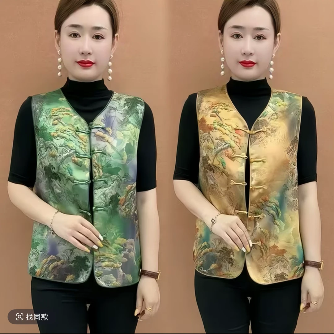 中式国风气质马甲时尚复古提花坎肩背心盘扣女装新款妈妈无袖上衣