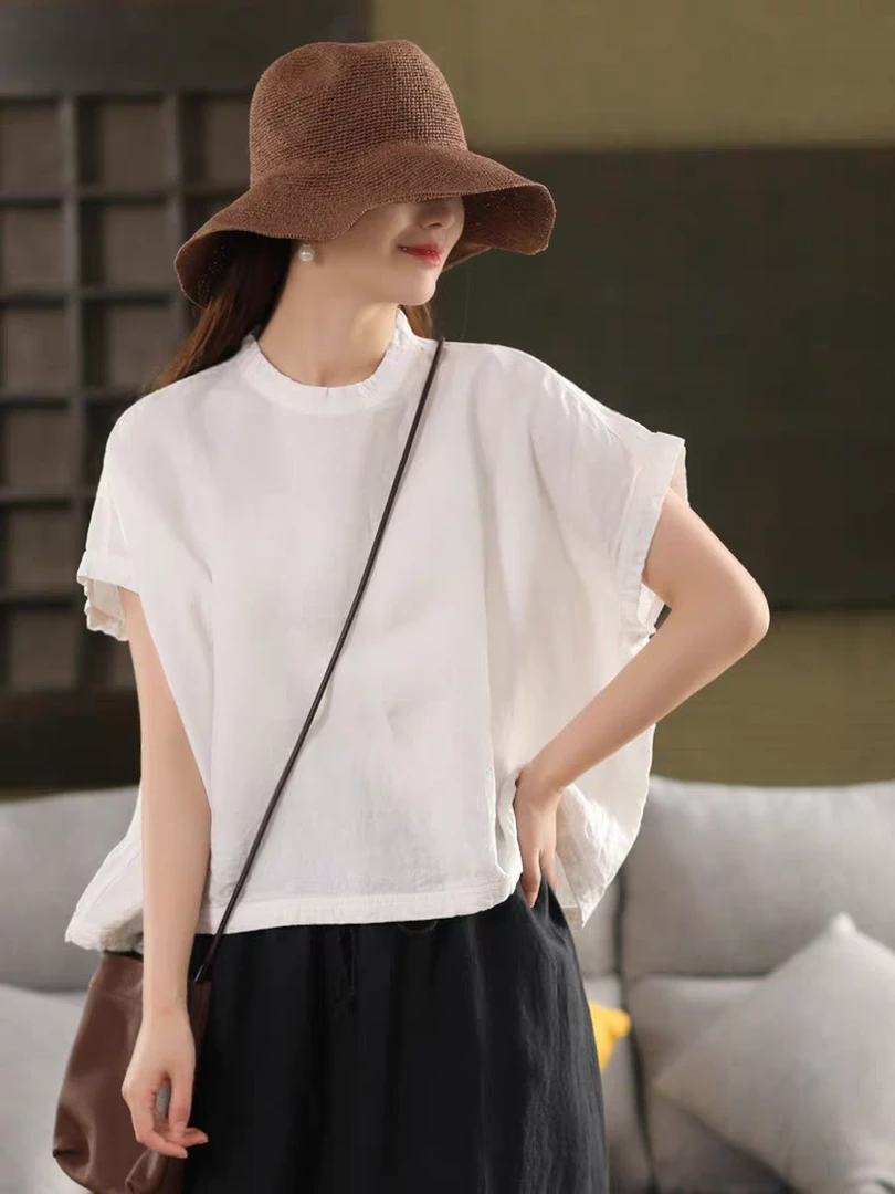 Q652汉麻100%上衣衬衫短款内搭打底气质宽松中袖白色显瘦麻衫夏