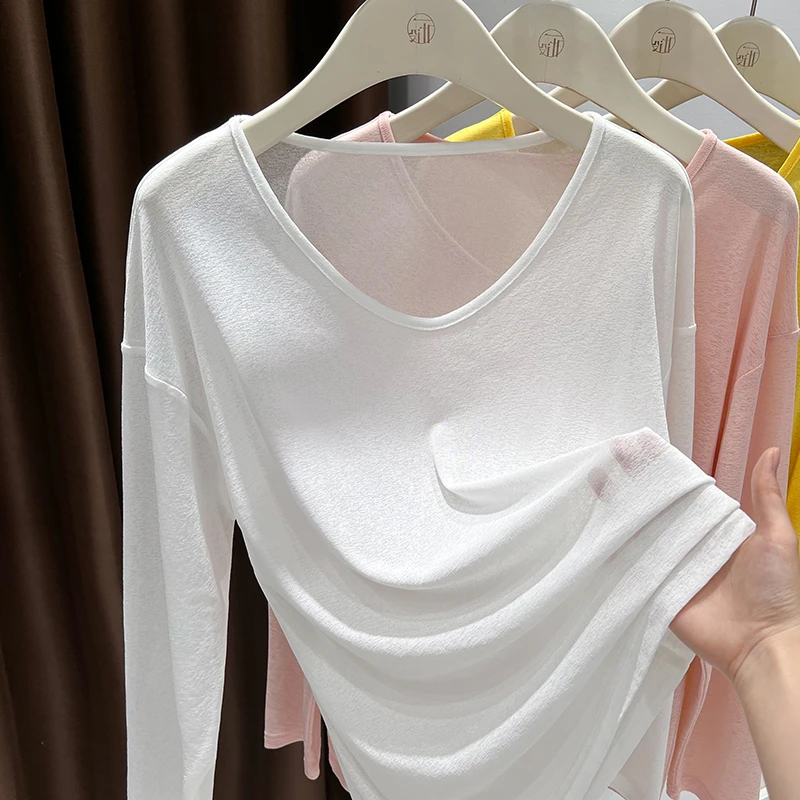 白色微透长袖打底衫女春秋季显瘦T恤气质宽松V领套头正肩内搭上衣