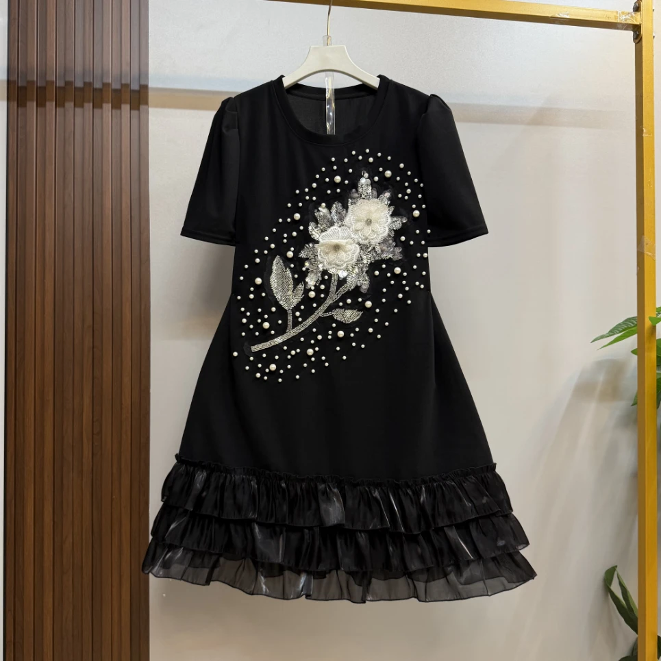 夏季新款大码女装时尚洋气木耳花边下摆重工钉珠显瘦连衣裙