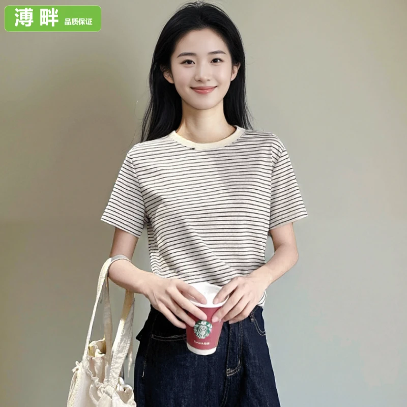 溥畔韩系细条纹t恤女2025新款圆领正肩短袖条纹设计感百搭宽松短