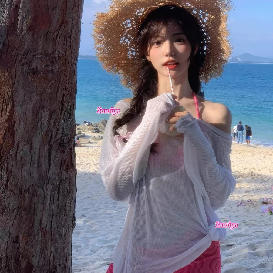 Sun【泳衣罩衫】泳衣外搭罩衫白色微透长袖女夏季薄款辣妹海边