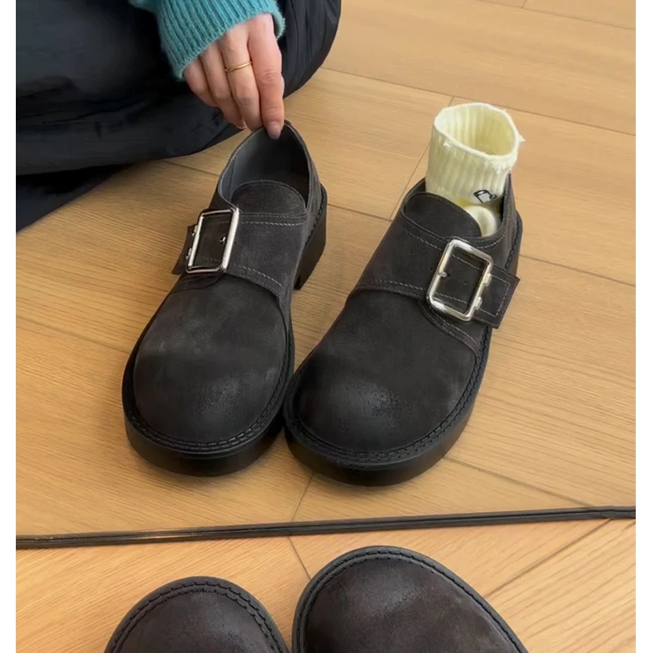 牛皮版~厚底魔术贴圆头乐福鞋复古皮带扣单鞋女粗跟小皮鞋勃肯鞋