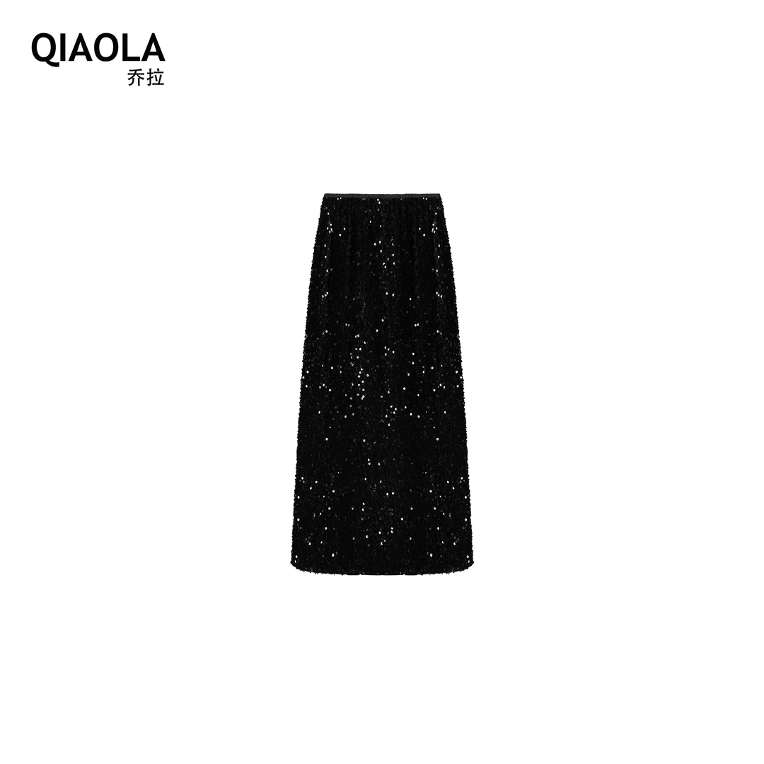 QIAOLA/乔拉【暗夜绮梦】秋季丝绒亮片珍珠圆领轻奢A版半裙预售