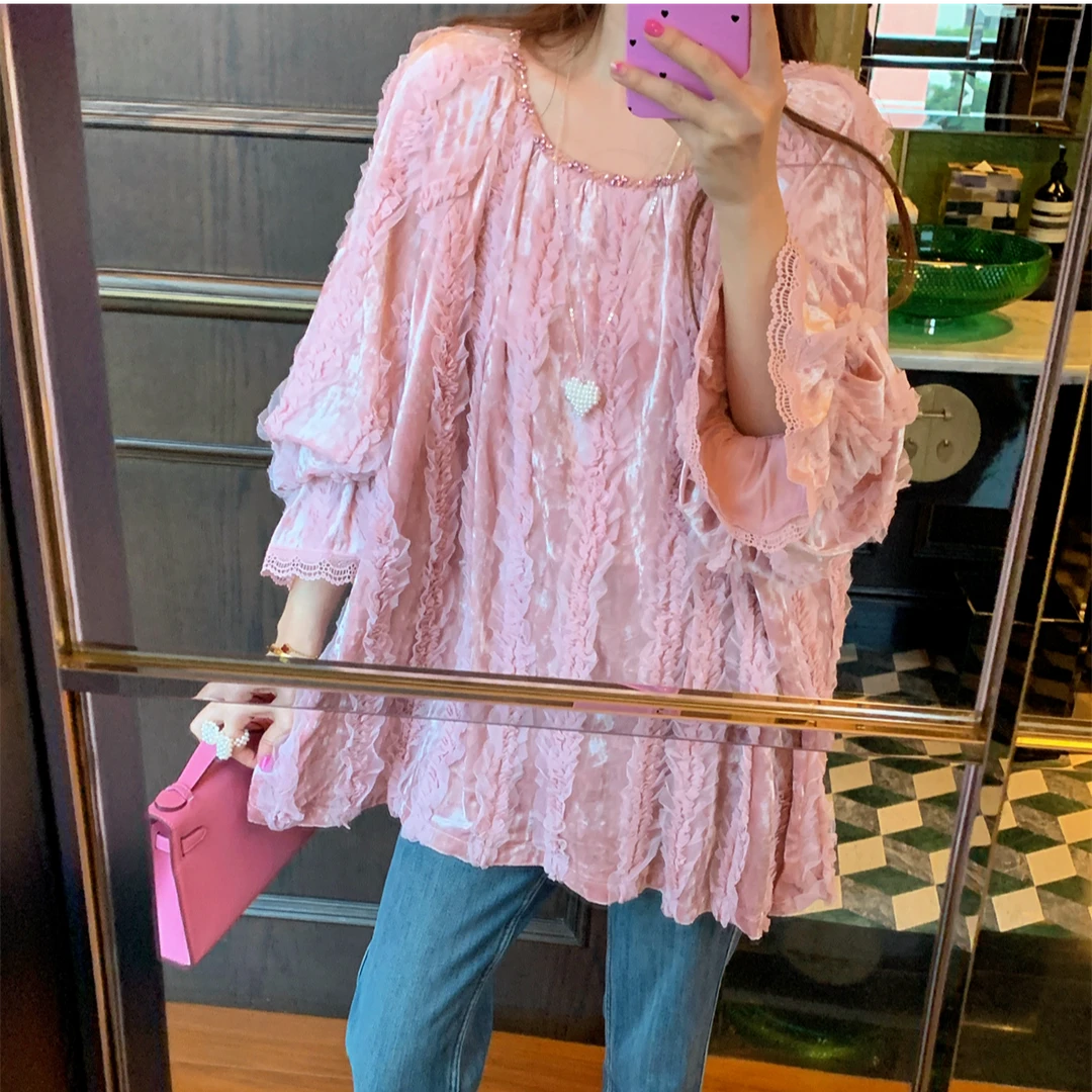JENNIFER JXLIU气质宫廷风蕾丝花边丝绒木耳边娃娃款宽松衬衫上衣