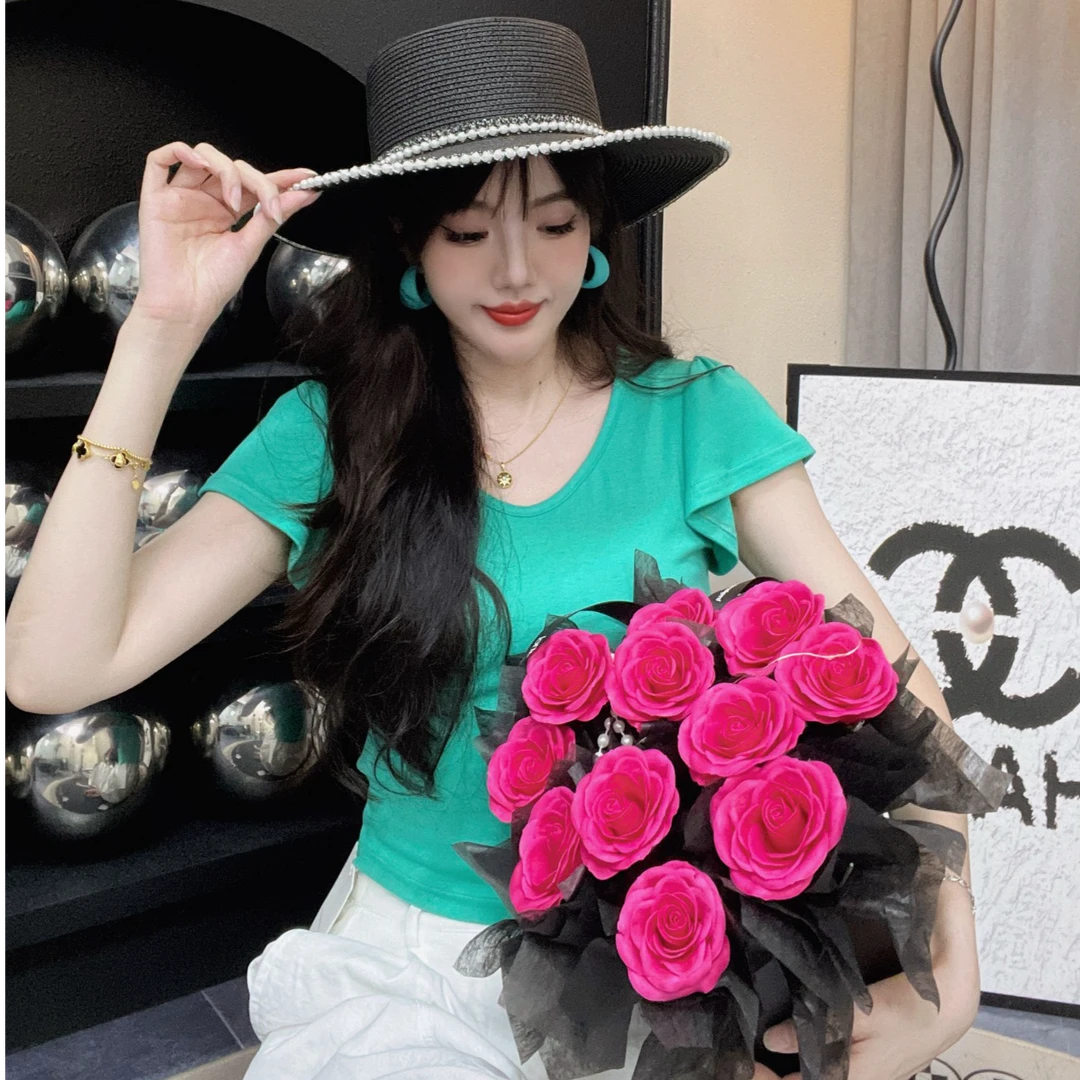 （李甜甜）短袖t恤女装夏季新款v领正肩体恤修身显瘦设计感草绿上衣