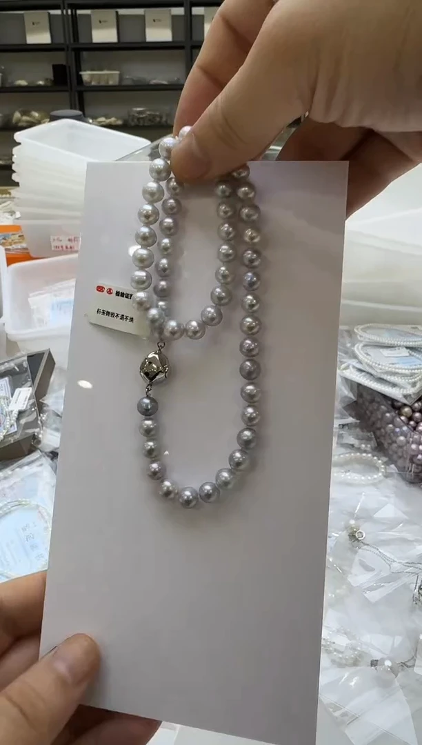 淡水珍珠银S925镶嵌项链8-9mm 铂金灰