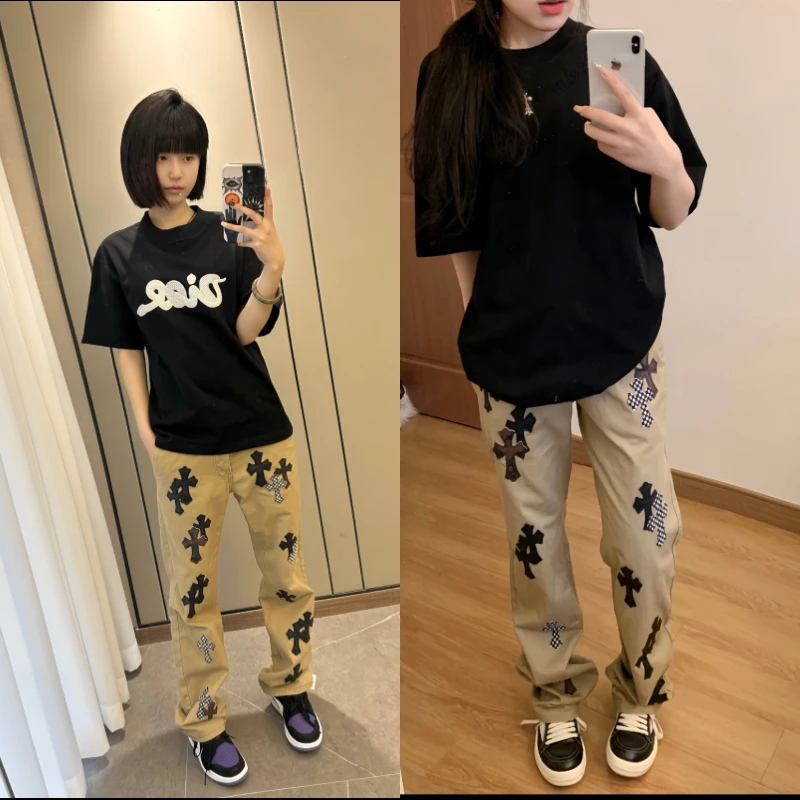 印花CH十字架克罗高街美式潮牌裤子宽松男款水洗长裤直筒牛仔裤