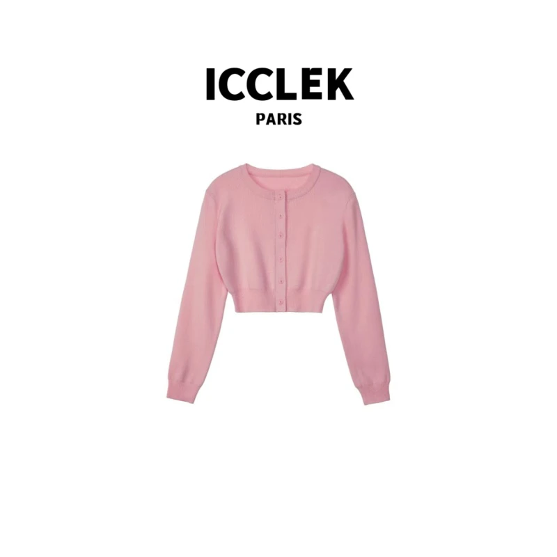 ICCLEK 圆领粗花呢短款外套 粉色 上衣 气质 修身 -3318