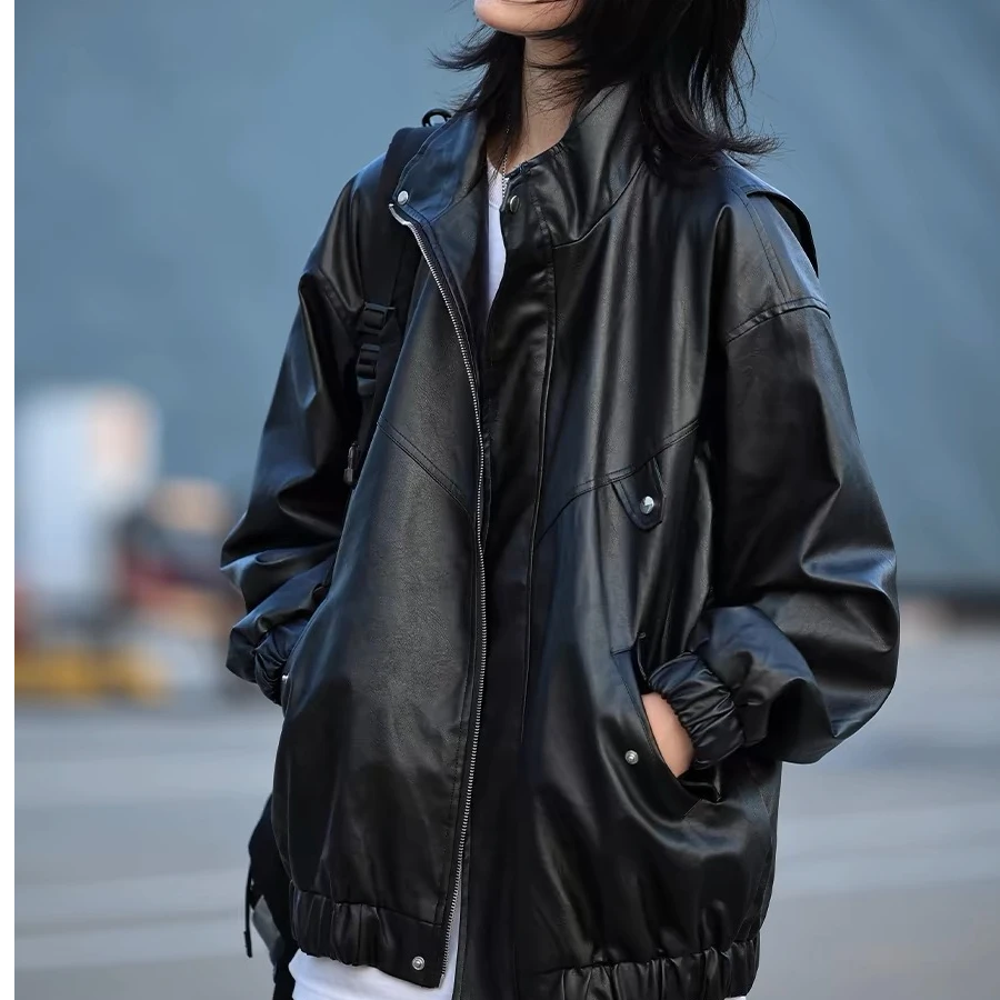 美式复古春秋百搭黑色皮衣外套男女潮pu皮美式机车服夹克外套