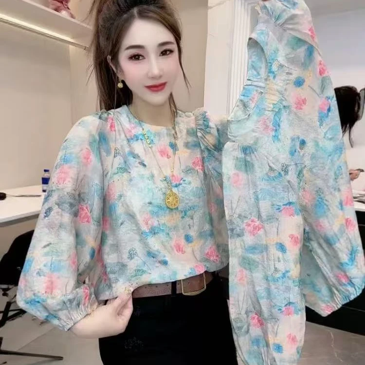 欧货高级感扎染花朵长袖女洋气减龄泡泡袖宽松防晒上衣夏10398