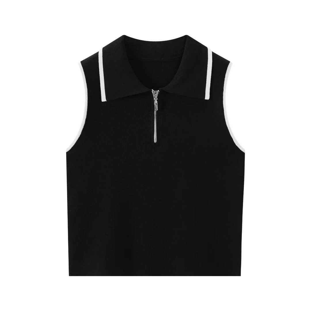 Beaunasloe夏季上衣无袖翻领宽松毛针织衫纯色极简风时尚