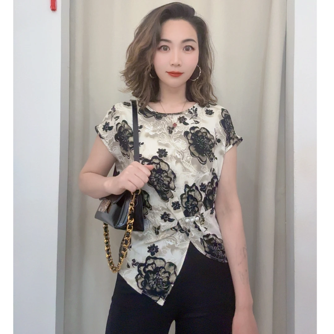 夏季新款提花百搭衬衫女时尚短袖不规则设计洋气显瘦小众小衫上衣