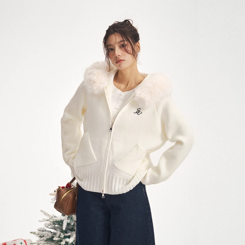 【小柴专属】iNSLiiSA 软糯慵懒风温柔连帽毛领针织衫女百搭毛衣