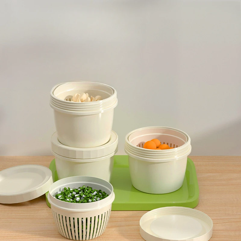 冰箱保鲜盒姜蒜葱花收纳盒家用便携圆形透明沥水双层保鲜碗密封盒