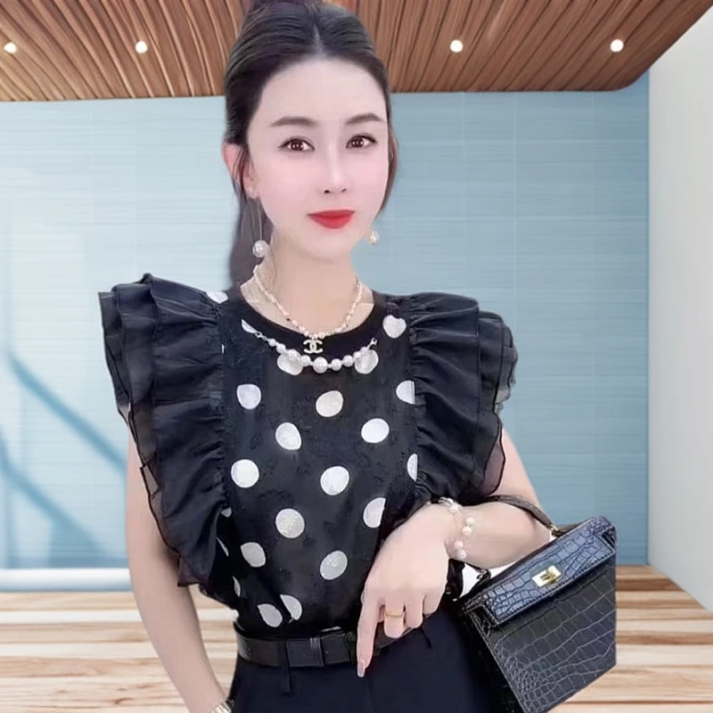 艾菲子边瑞丽风洋气百搭成人波点衬衫收腰小衫显瘦气质时尚泡泡袖