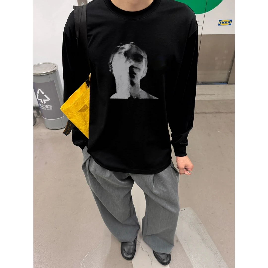 美式潮牌设计人影模糊长袖t恤男宽松痞帅西海岸重磅圆领长袖打底