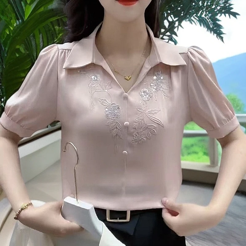 刺绣夏季中式夏季刺绣短袖高档衬衫雪纺衫地雷系雪纺短袖女