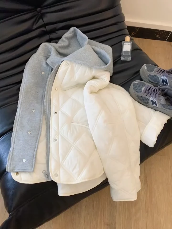 C2983#韩系假两件拼接菱格连帽棉服外套女设计感宽松休闲百搭棉衣