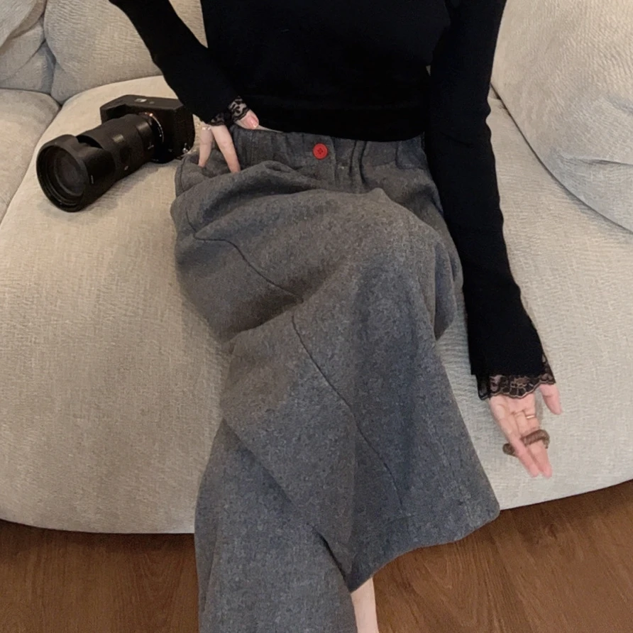 【悦悦专属】秋冬新款简约一粒扣松紧腰毛呢休闲裤Y1054