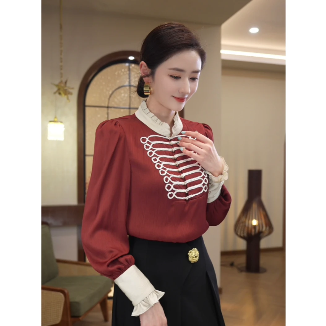 唐熹2025年春季新款【LT-C01】法式宫廷风小众立领红色系扣衬衫上衣