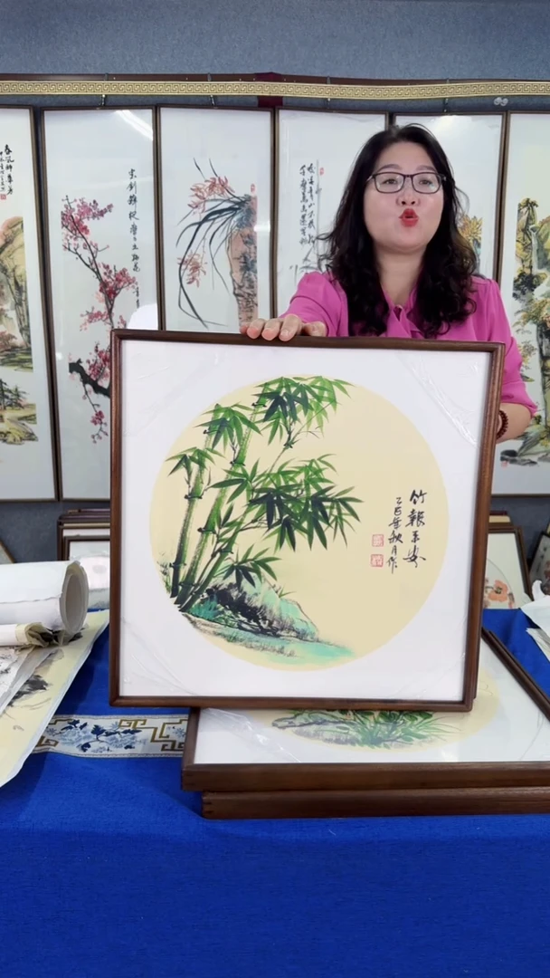 国画（梅兰竹菊）竹子 实木画框 50*50