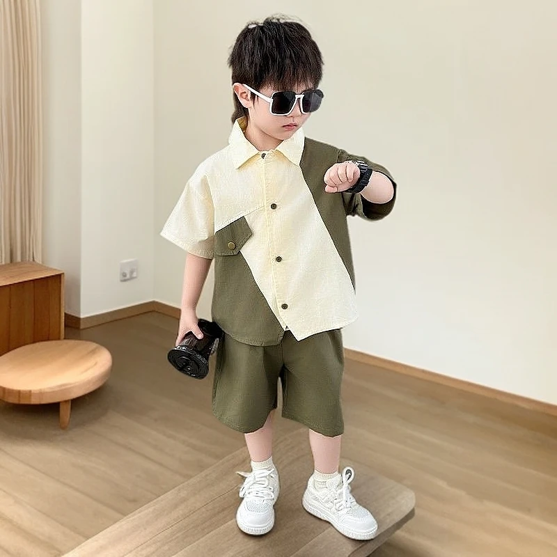 男童夏季短袖衬衫套装夏装儿童洋气潮流棉质舒适日常穿搭休闲帅气