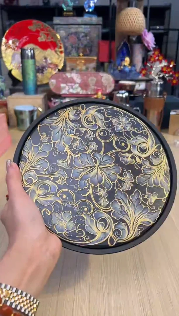 21黑色圆形壶承-描金