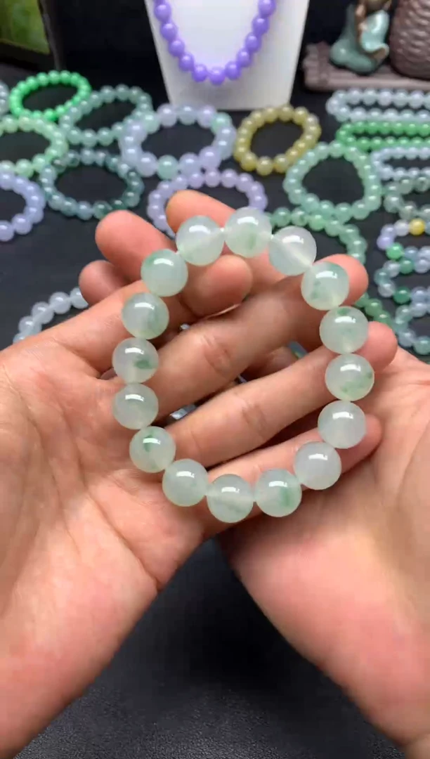 未镶嵌手链翡翠天然缅甸翡翠A货白底青飘绿花卡13mm