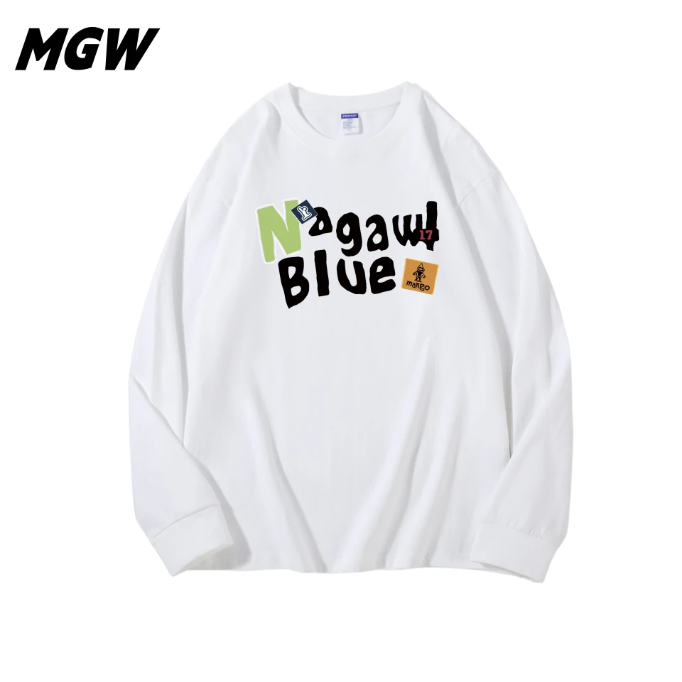 【MGW】100%纯棉男女同款新款长袖纯棉T恤螺纹袖口秋冬宽松重磅上衣
