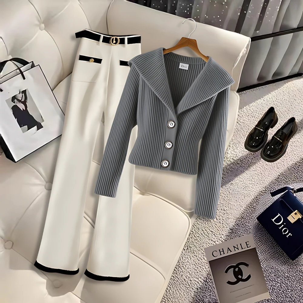 慵懒风女装岩石灰针织衫2025年早秋季新款高级感白色休闲裤两件套