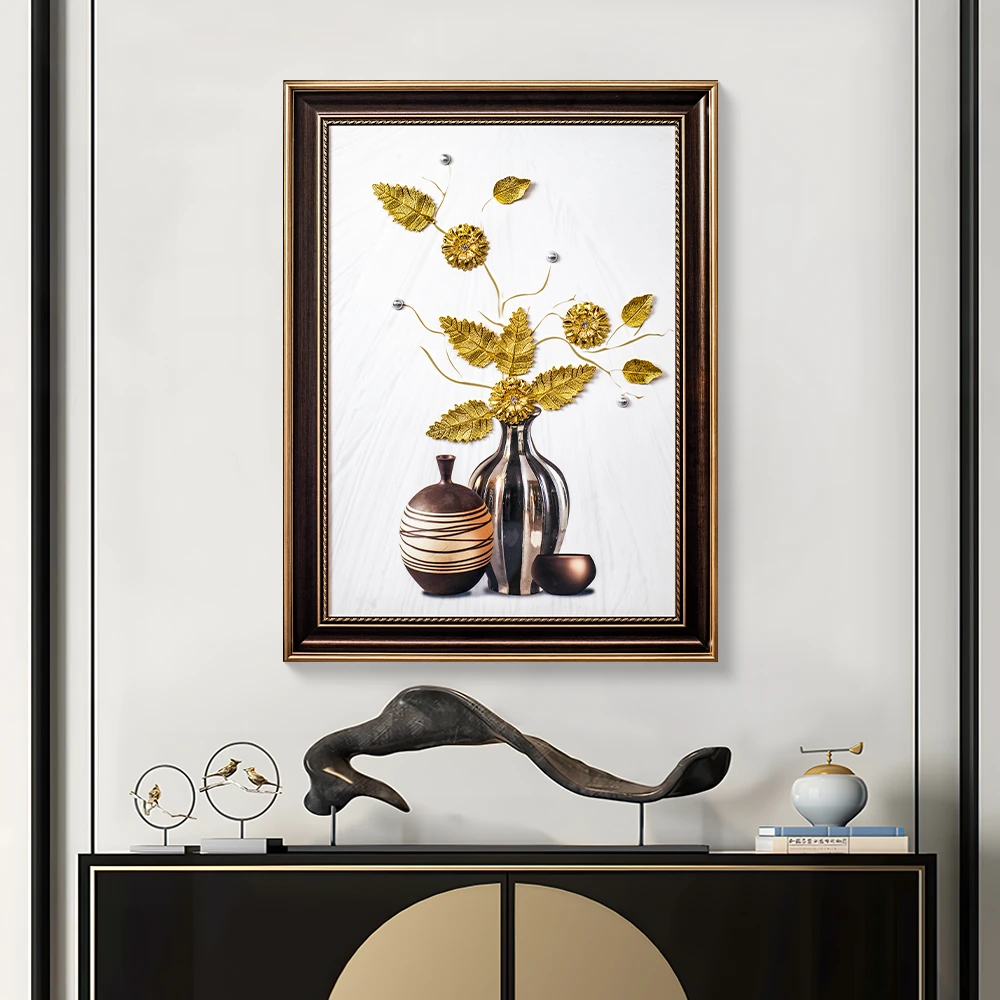 欧式花瓶金叶立体镶嵌实物装饰画餐桌挂画卧室床头客厅墙画6080