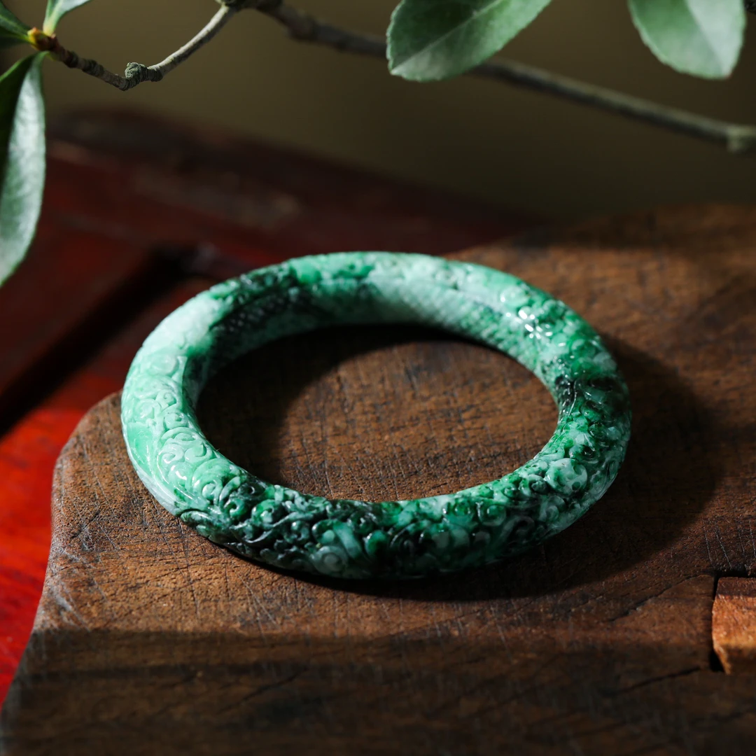 【意婵】（55-57）天然典藏级老翡翠精雕手镯-909223