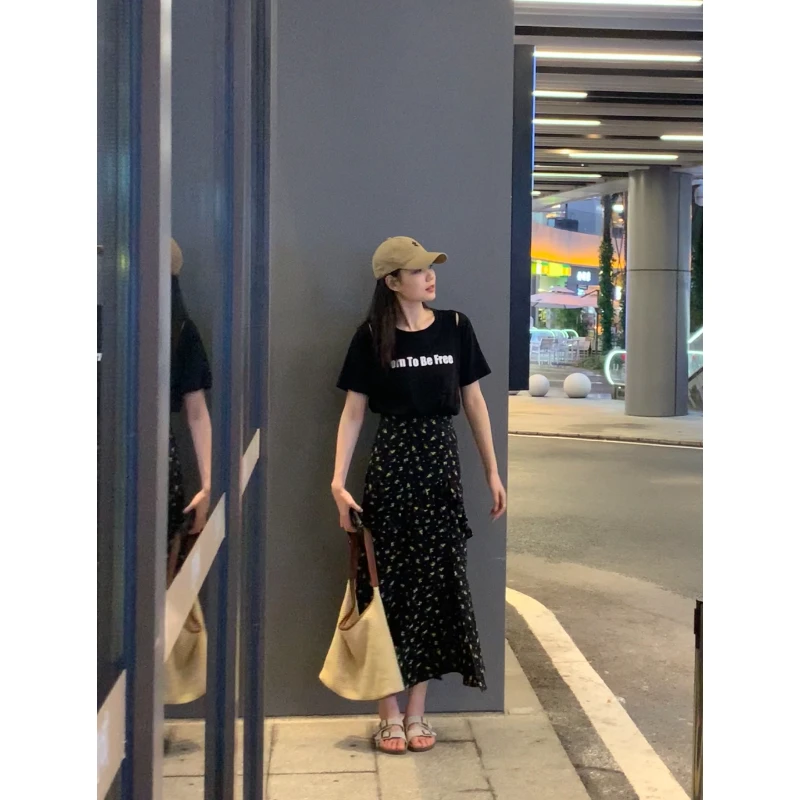 48H【生来自由】高个子女装 拼接假两件开叉碎花连衣裙 JY363