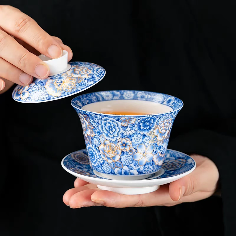 圣藏青花三才盖碗满工万花功夫茶碗大容量盖碗L84