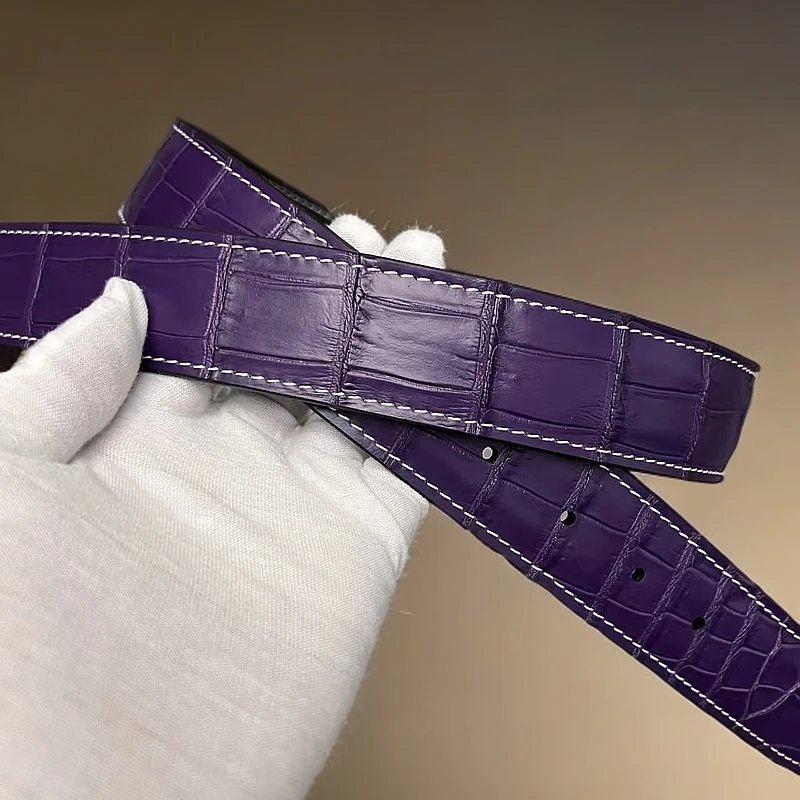 （单带条）3.8宽紫黑白线平头双雾面肚皮腰带实木礼盒装-建