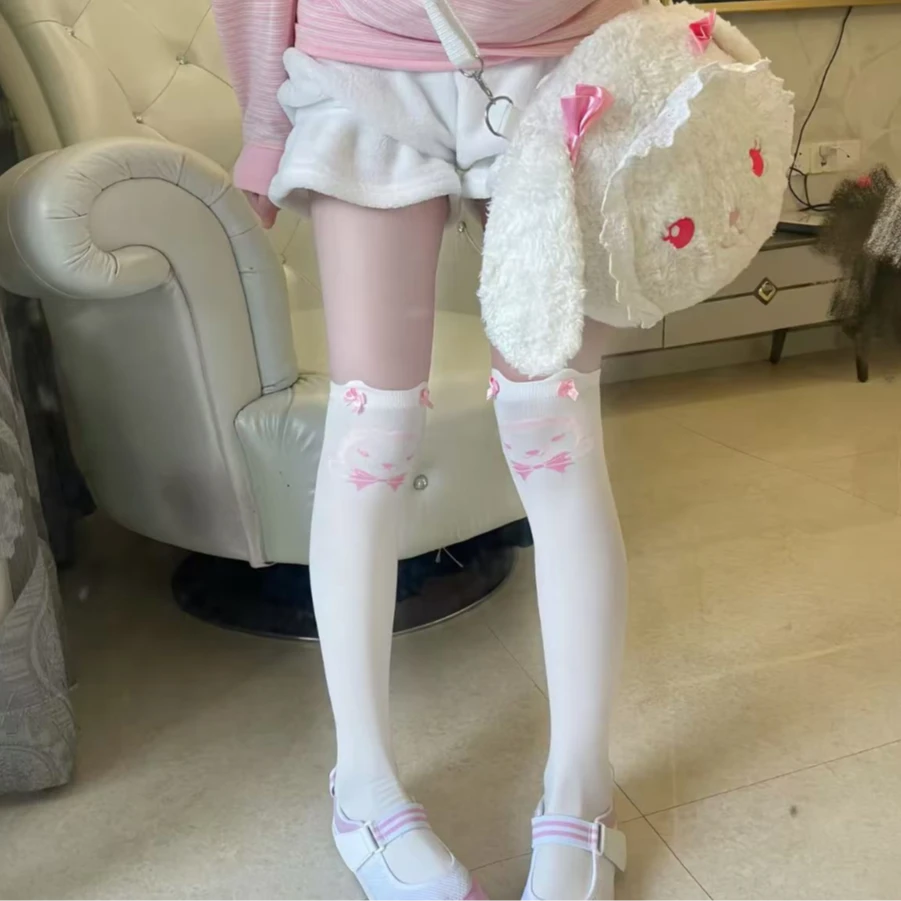 日系可爱卡通可爱粉兔蝴蝶结长筒袜子女纯欲少女心甜美大腿过膝袜