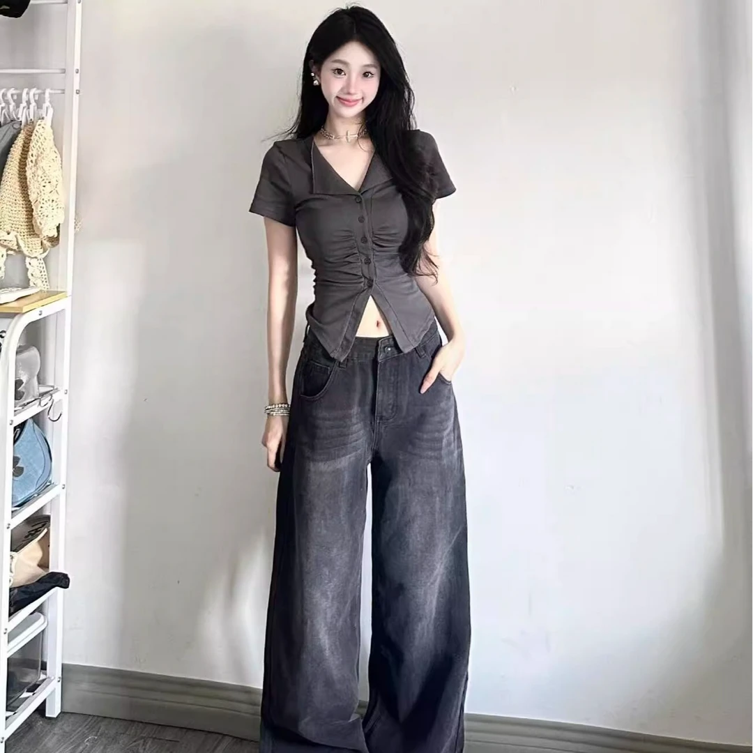 夏季露脐短款辣妹小上衣女修身独特设计感纯欲风翻领短袖正肩T恤