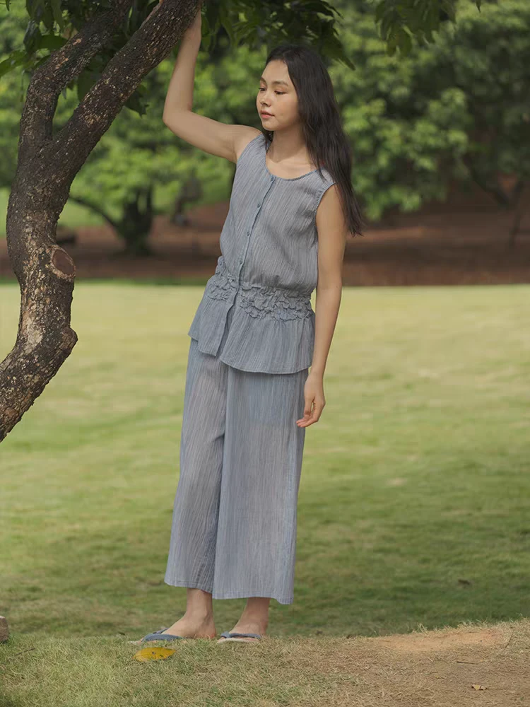 朵朵可可家居睡衣女2025新款夏季纯棉炒色皱布无袖七分裤收腰套装