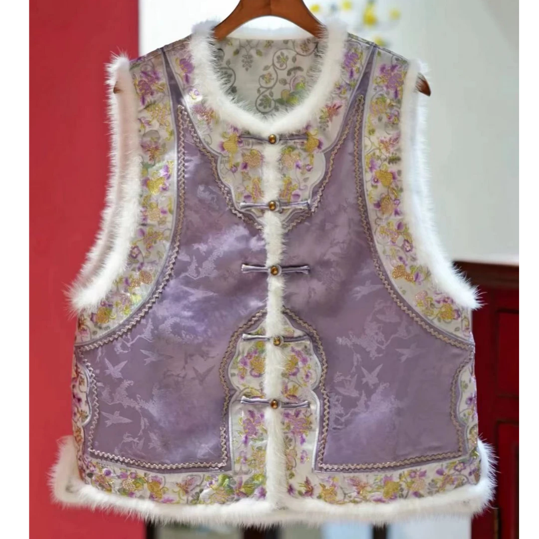 品优新中式双面双穿冬款夹棉加厚刺绣马甲2024D8490-音译