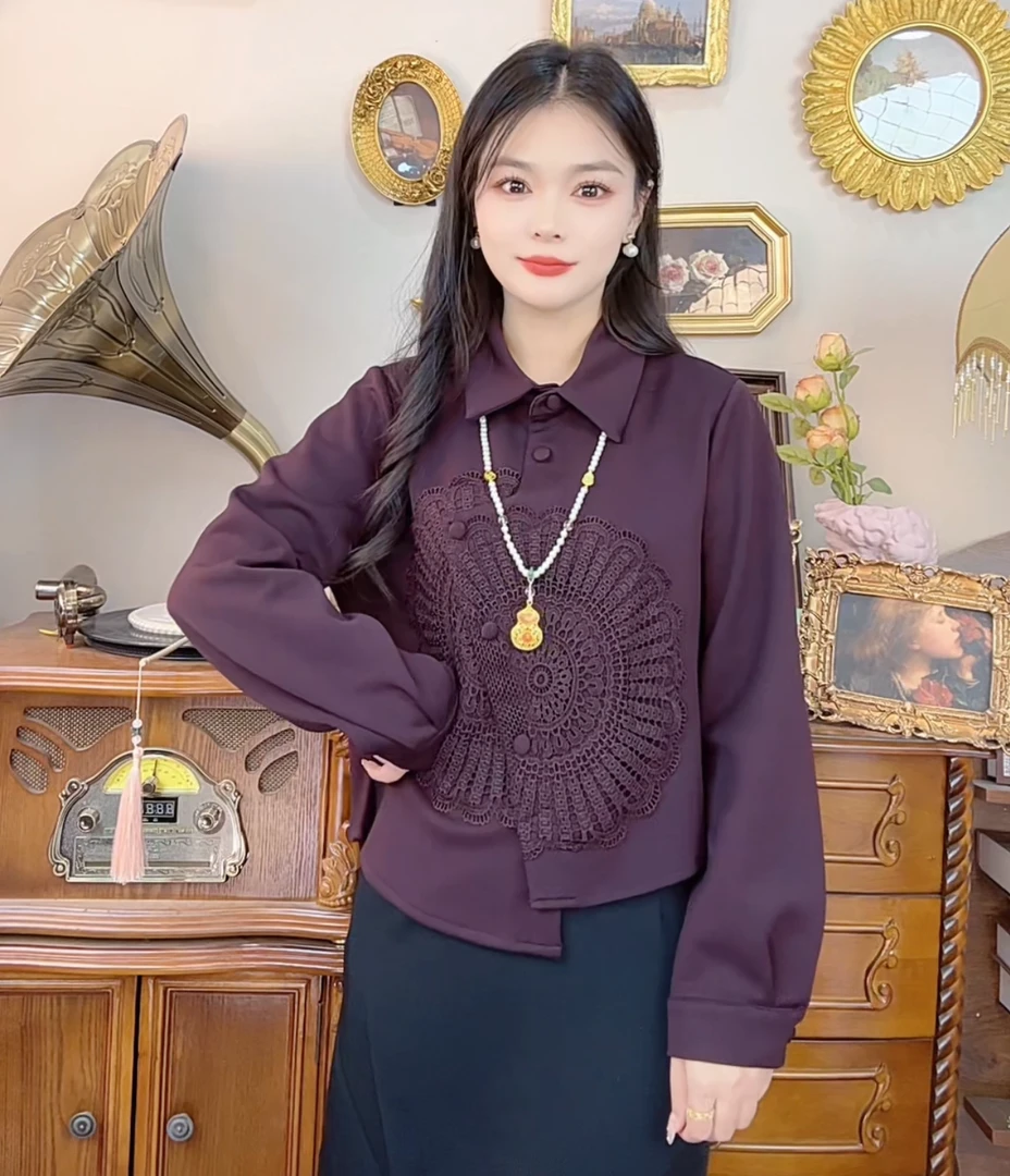 紫色翻领重工刺绣上衣女早秋2025新款设计感小众气质显瘦长袖衬衫