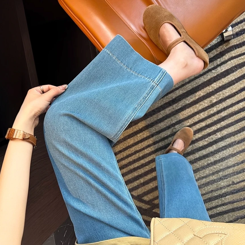 2025春季新款蓝色高腰阔腿牛仔裤女梨形小个子弹力宽松九分直筒裤
