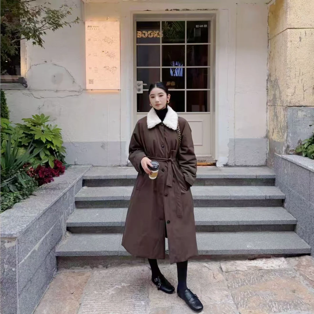 D9266美式复古翻领棉外套冬季新款收腰保暖中长款大衣